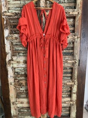 NWT Charlie Charlie Charlotte Vibrant Red Rust Boho Maxi Dress Resort Pool, XL